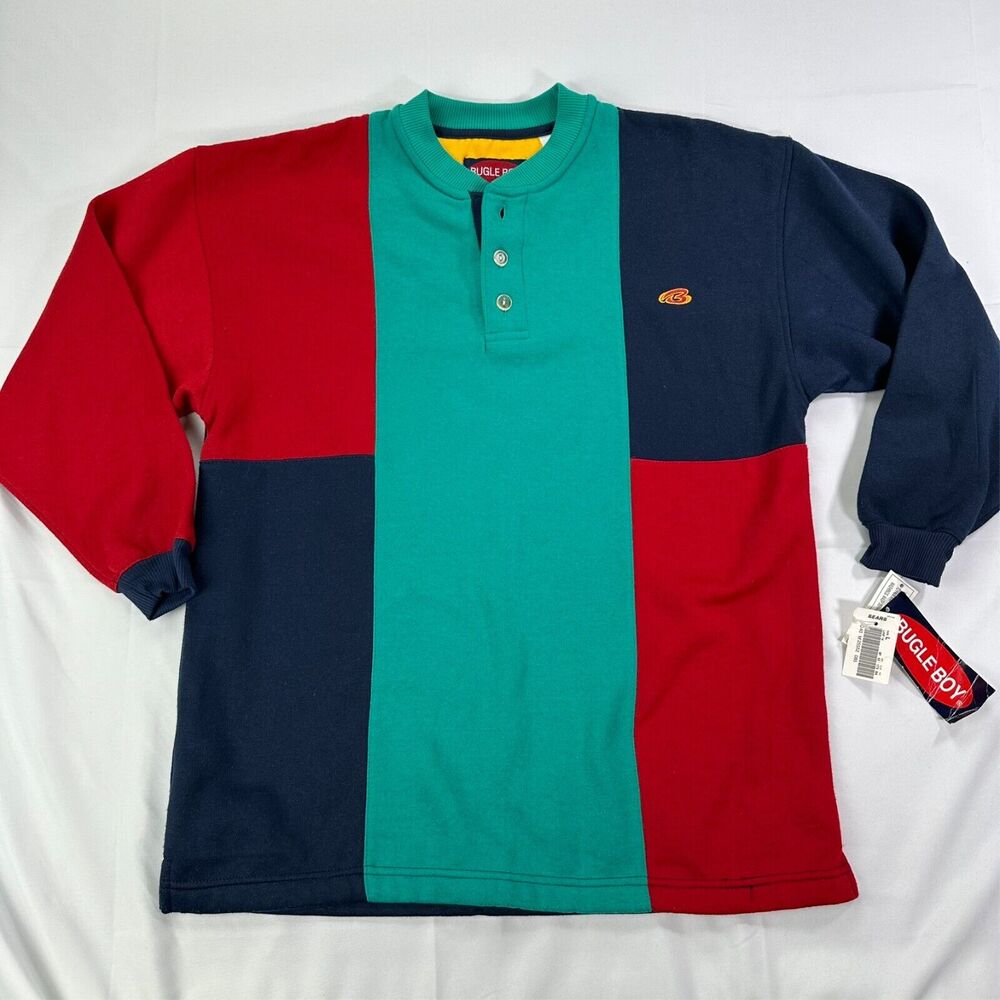 Vtg Bugle Boy Sweater Men's L Color Block Red Green 90s Retro‎ Crewneck Henley